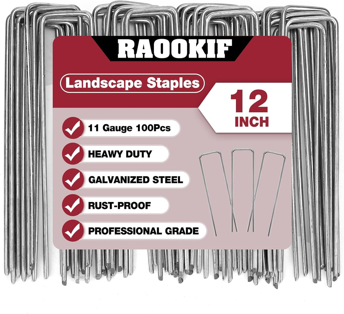 RAOOKIF 12 Inch Galvanized Garden Landscape Staples, 20/50/100/200Pcs Garden Metal Stakes, 11 Gauge