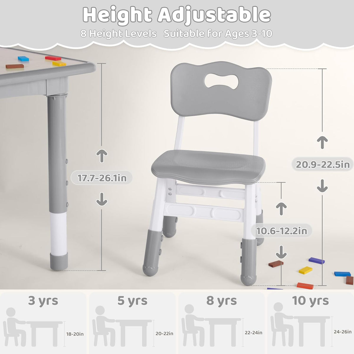 Kids Table and 2 Chairs Set, Height Adjustable (17.7"-26.1") Toddler Table and Chair Set