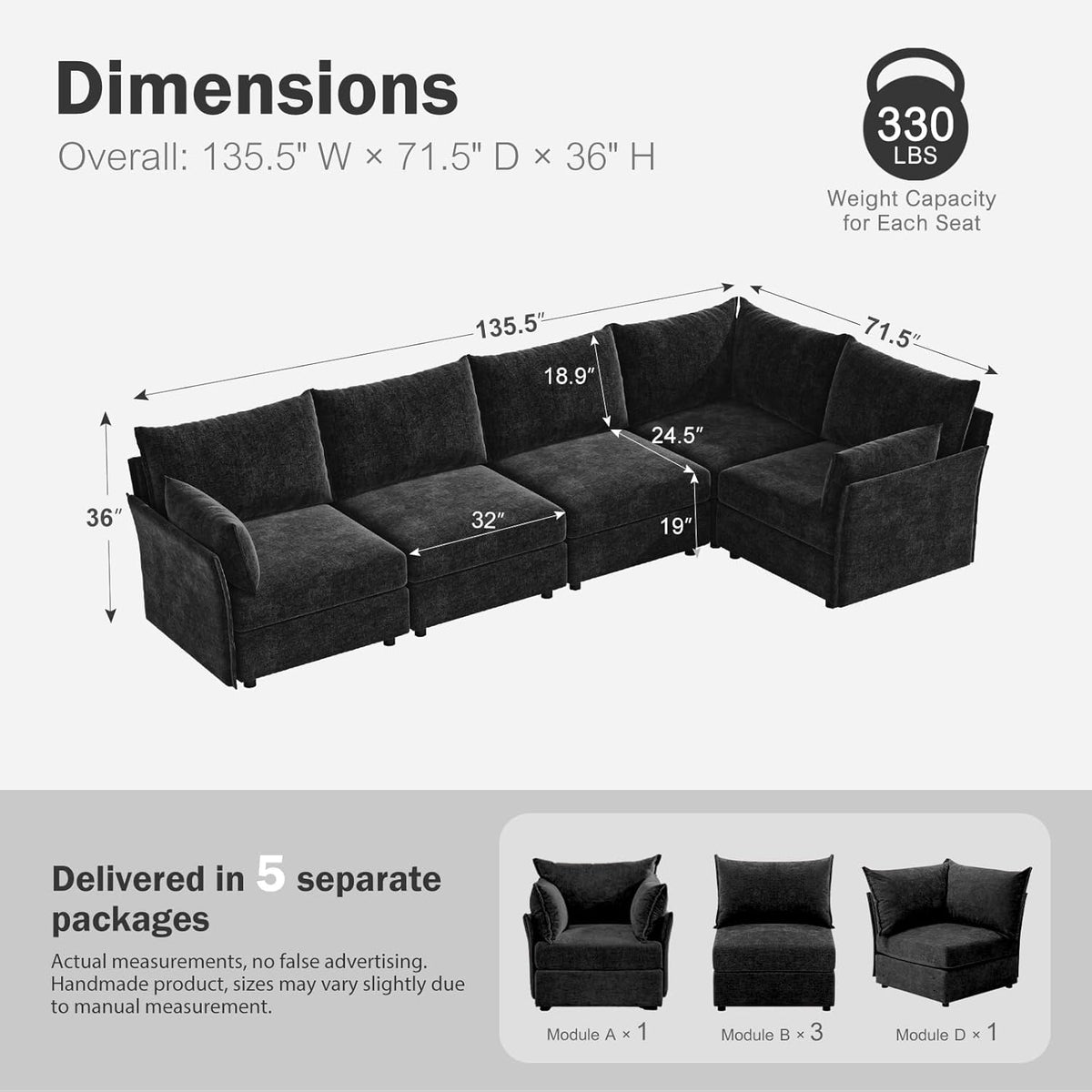 135.5" Oversized Modular Sectional Sofa, L Shaped Convertible Couch with Movable Ottoman, 5 Seat