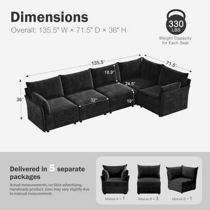 135.5" Oversized Modular Sectional Sofa, L Shaped Convertible Couch with Movable Ottoman, 5 Seat
