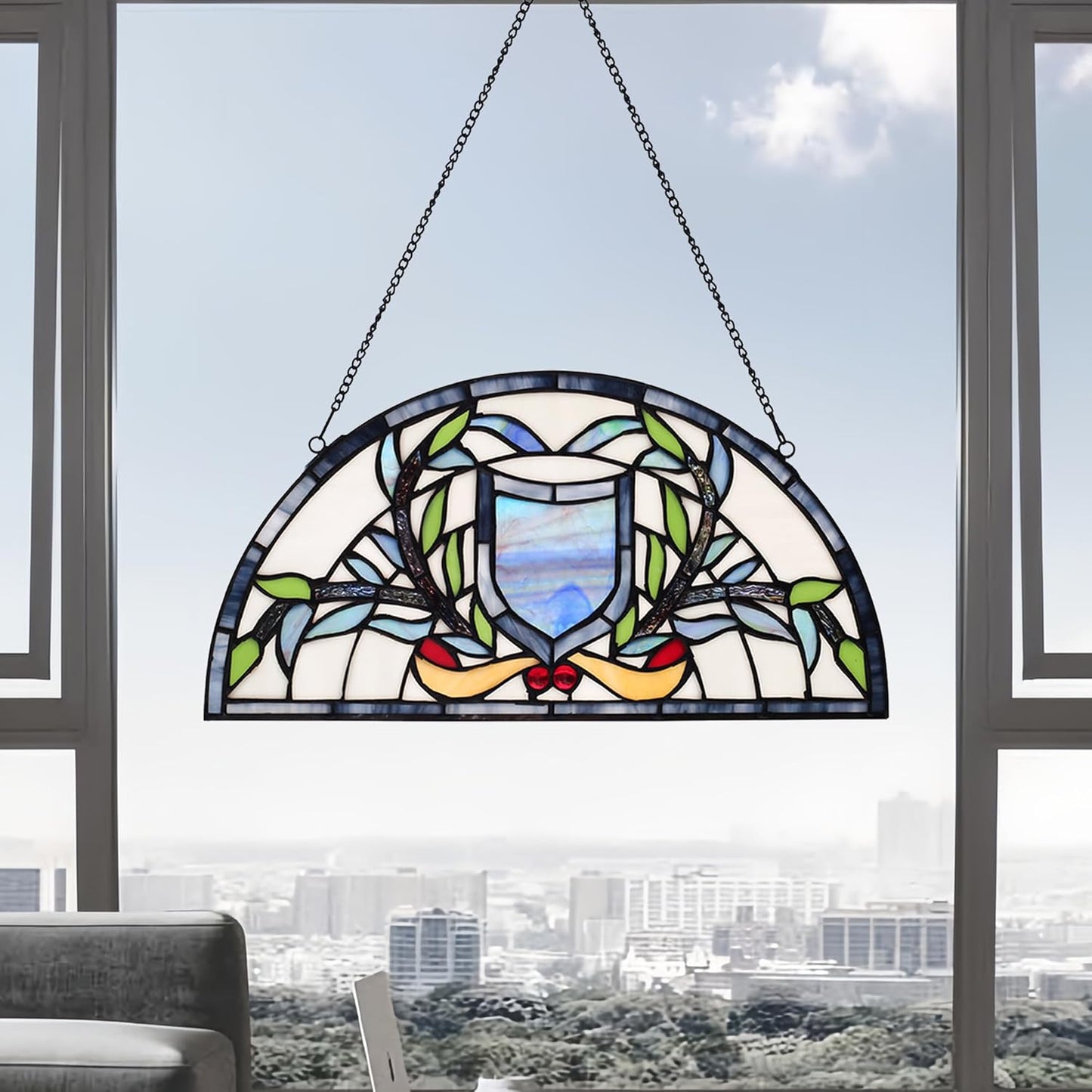 YOURANJU Half Moon Stained Glass Window Hanging Tiffany Style 16" x 8" Half-Round Window Panel
