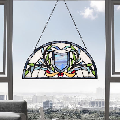 YOURANJU Half Moon Stained Glass Window Hanging Tiffany Style 16" x 8" Half-Round Window Panel