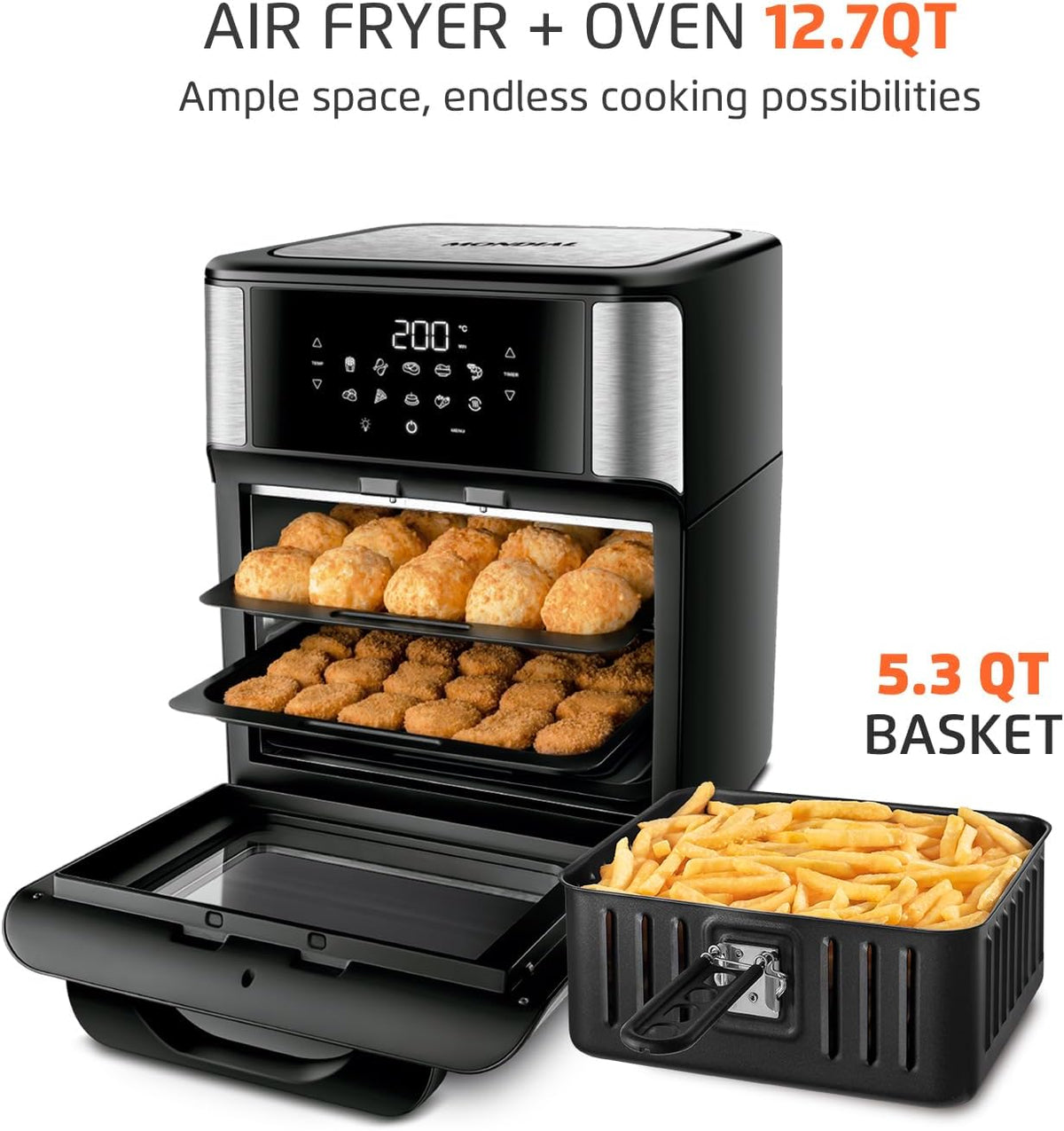 Air Fryer Oven 1800W, 12.7QT Capacity, Touchscreen Panel, Automatic Shut-Off – Black & Stainless