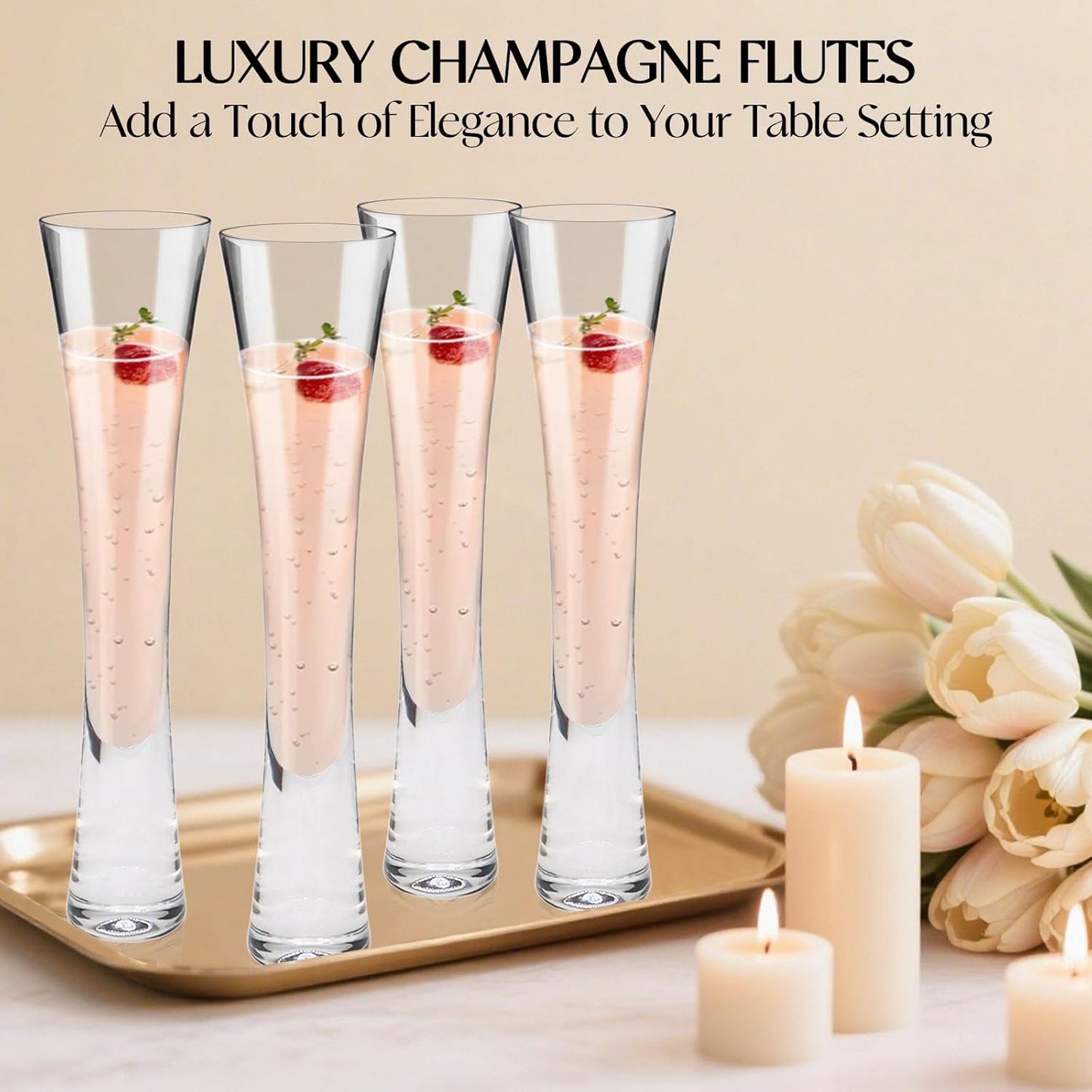Champagne Flutes Set of 4, Hand Blown Crystal Champagne Glasses, Modern Unique Design, Lead-Free