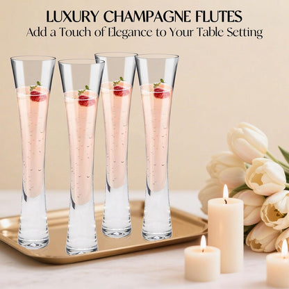 Champagne Flutes Set of 4, Hand Blown Crystal Champagne Glasses, Modern Unique Design, Lead-Free
