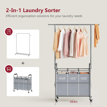 Tajsoon Laundry Sorter with Hanging Bar, 3 Section Rolling Laundry Hamper with Heavy Duty Lockable