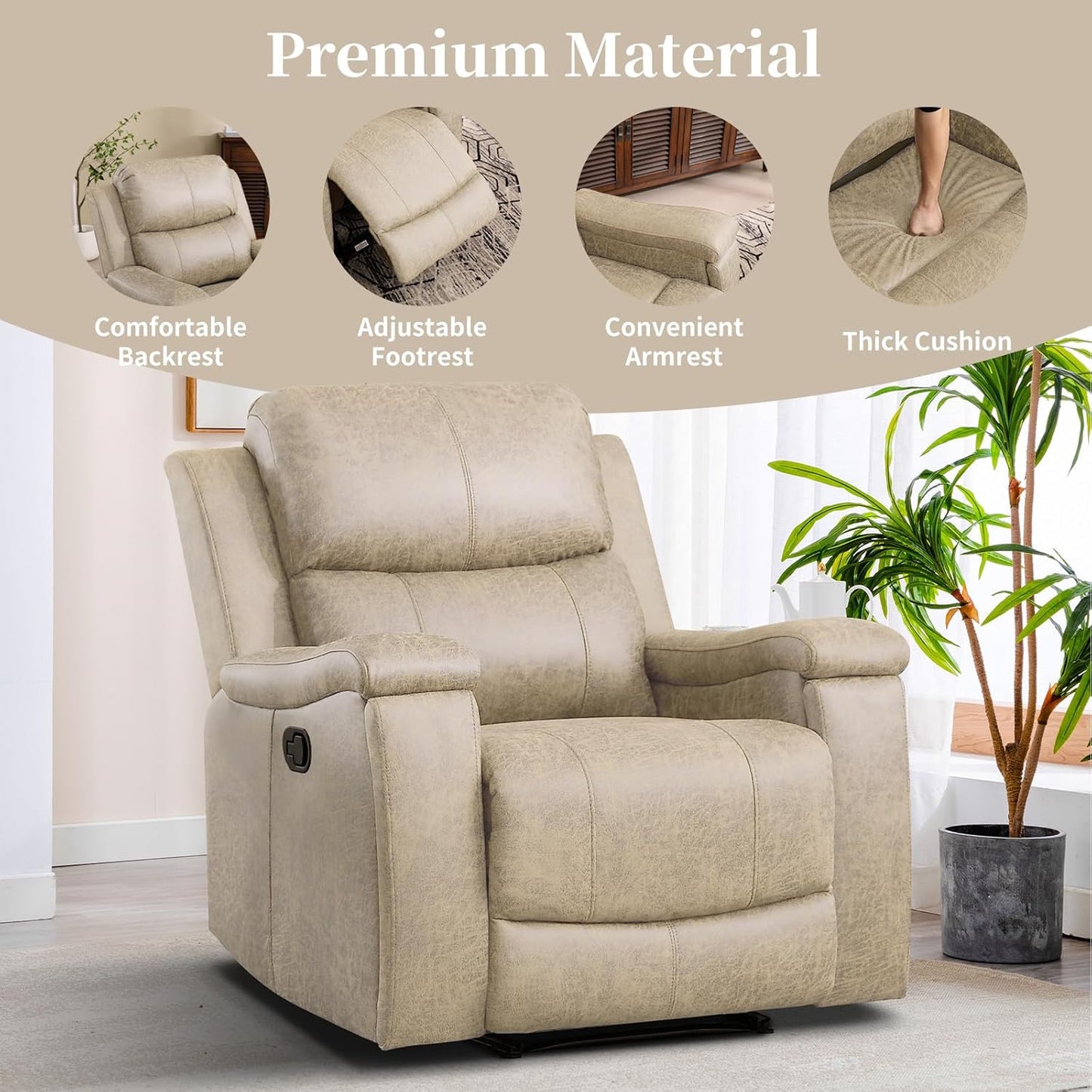 EBELLO Recliner Chair, Single Overstuffed Sofa Recliner, Breathable Faux Leather Manual Reclining