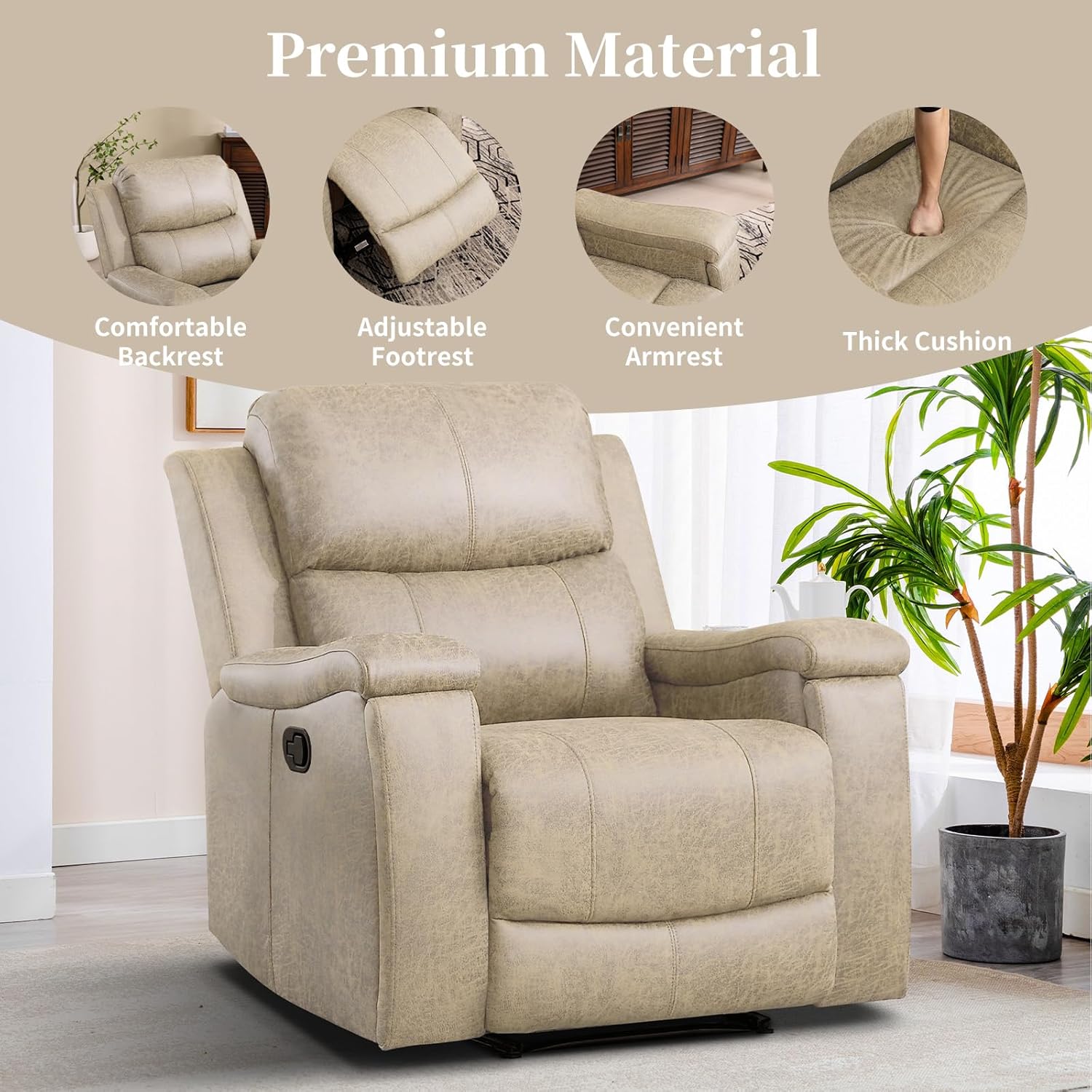 EBELLO Recliner Chair, Single Overstuffed Sofa Recliner, Breathable Faux Leather Manual Reclining