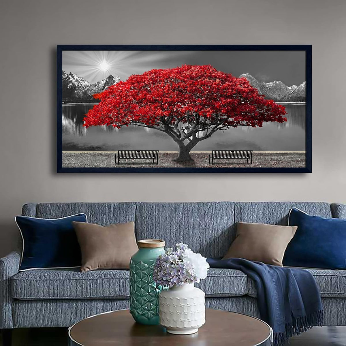 Black and White Red Tree Wall Art Canvas Print Picture Large Red Tree Landscape Modern Artwork for