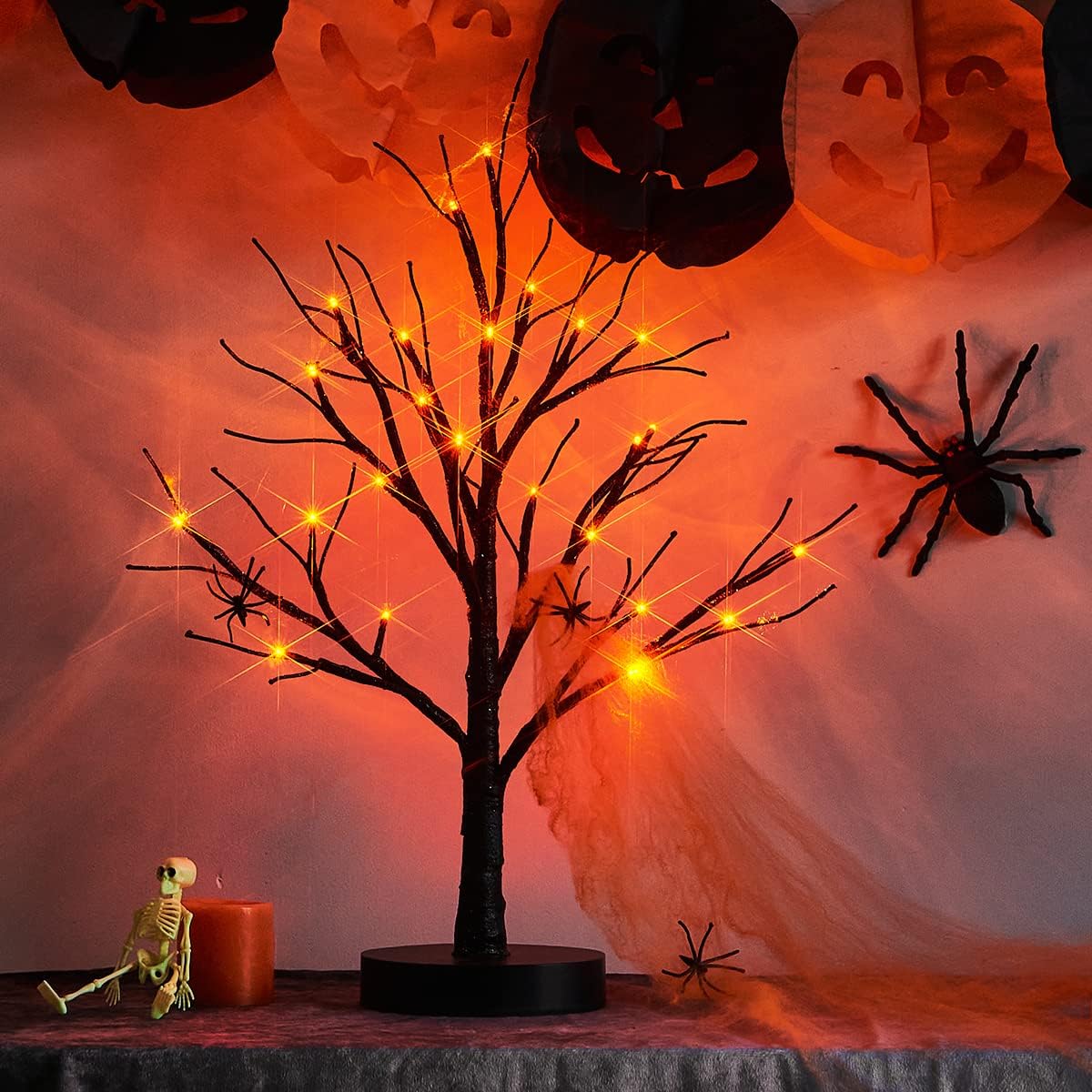 Fudios Black Halloween Tree with Lights 24 LED Orange with Timer, Lighted Tabletop Glittered Spooky