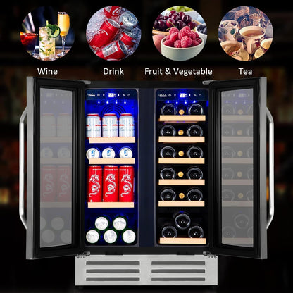 Wine and Beverage Refrigerator, 24 Inch Dual Zone Fridge with Glass Door, Built-In Cooler with