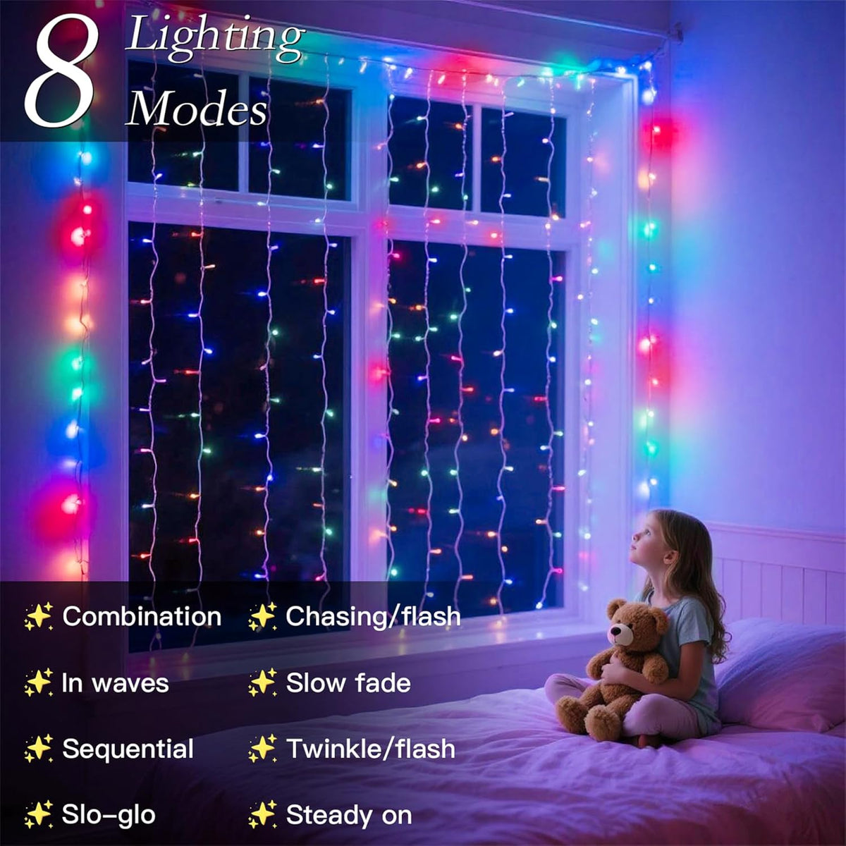 200 LED Rainbow Curtain String Lights 9.8 * 6.6FT Plug in Fairy with Timer and 8 Modes, Waterproof