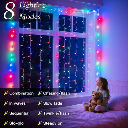 200 LED Rainbow Curtain String Lights 9.8 * 6.6FT Plug in Fairy with Timer and 8 Modes, Waterproof