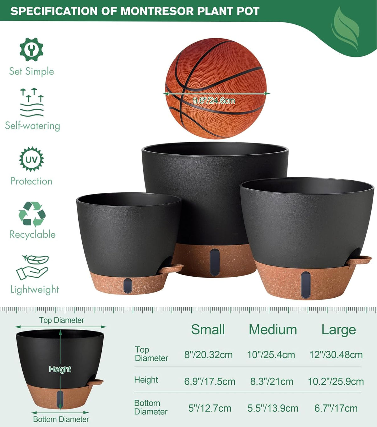 12/10/8 Inch Self Watering Pots for Indoor Plants Plastic Large Plant Pot for Outdoor Plants, Water