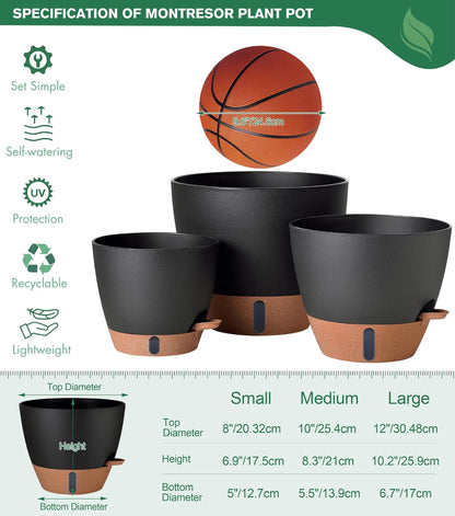 12/10/8 Inch Self Watering Pots for Indoor Plants Plastic Large Plant Pot for Outdoor Plants, Water