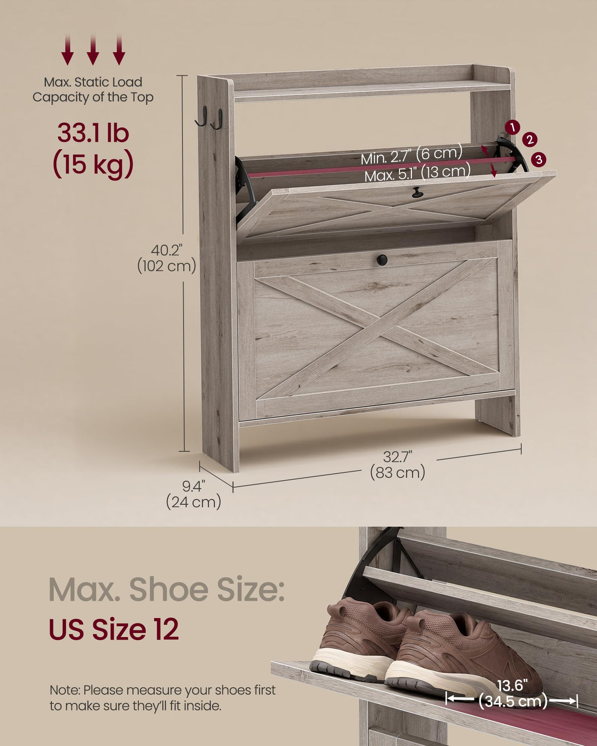 VASAGLE Shoe Storage Cabinet Organizer with 2 Flip Drawers, Freestanding Narrow Shoe Rack Cabinet