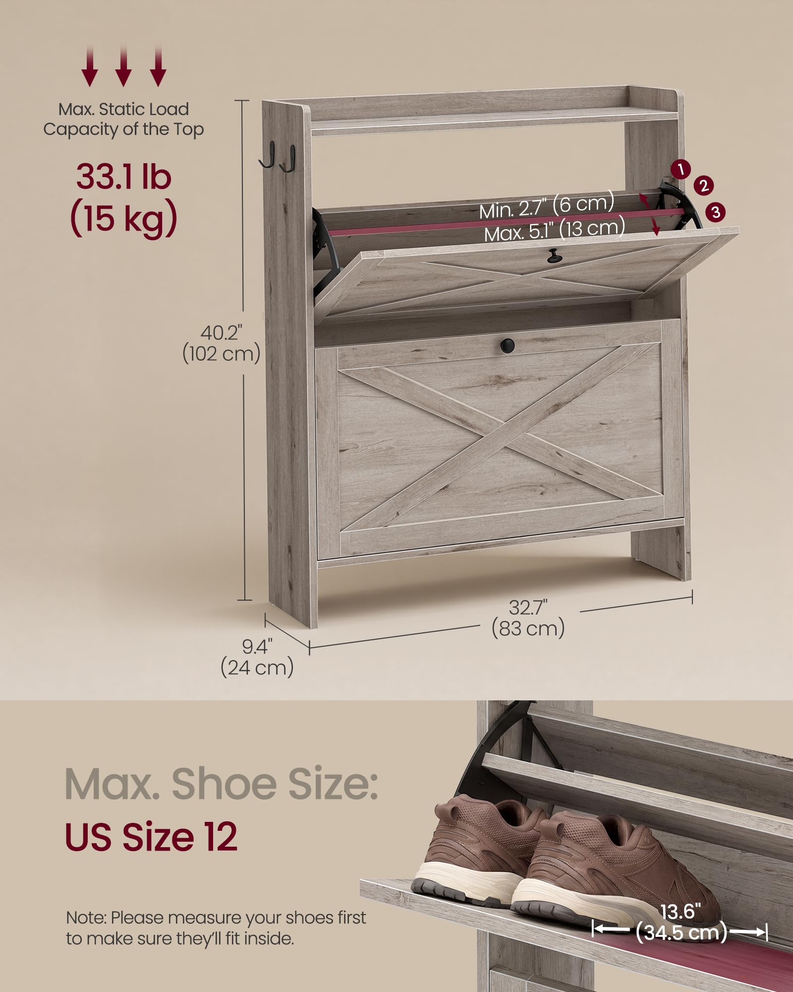 VASAGLE Shoe Storage Cabinet Organizer with 2 Flip Drawers, Freestanding Narrow Shoe Rack Cabinet