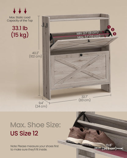 VASAGLE Shoe Storage Cabinet Organizer with 2 Flip Drawers, Freestanding Narrow Shoe Rack Cabinet