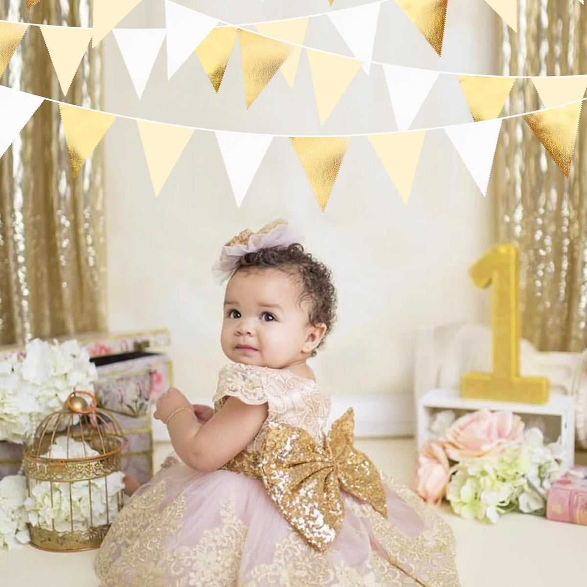 White and Gold Party Decorations Gold Beige White Fabric Triangle Pennant Banner Flag Bunting