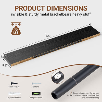 Heimlove 55 Inch Long Floating Shelves for Wall,9.3" Deep Black Floating Shelf Set of 2,Large