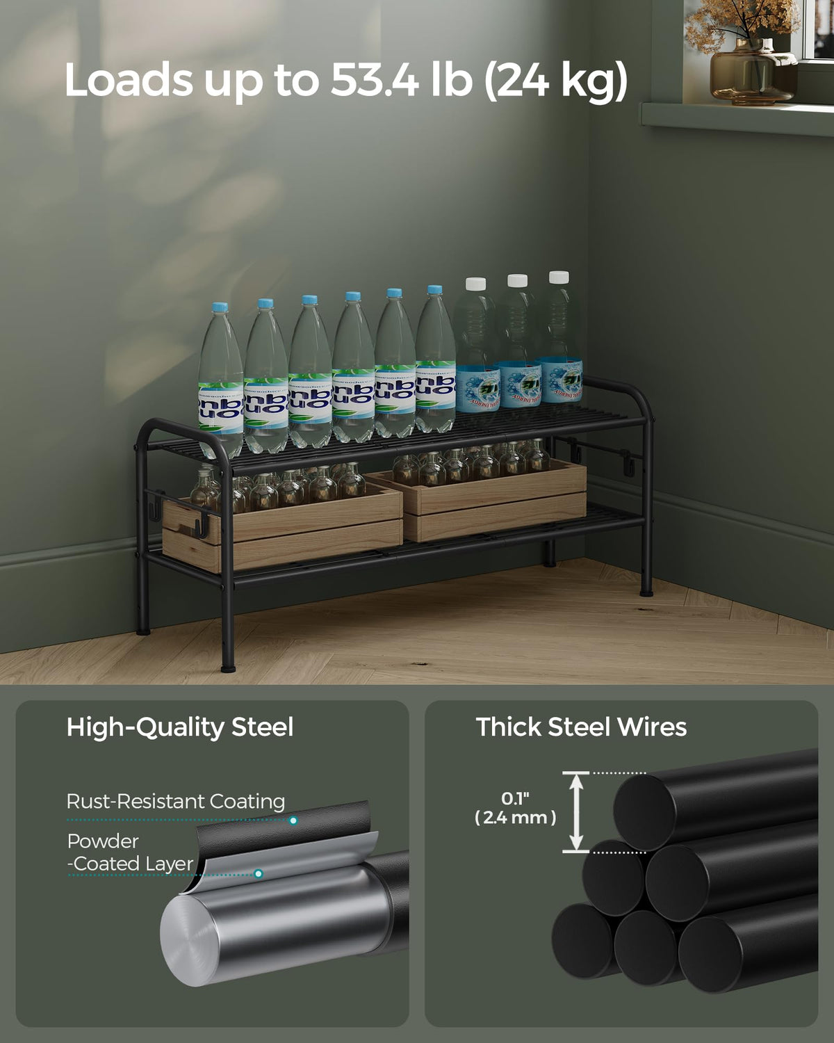 SONGMICS Shoe Rack, 2-Tier Shoe Organizer, Metal Shoe Shelf Storage with 4 Side Hooks, Holds 12