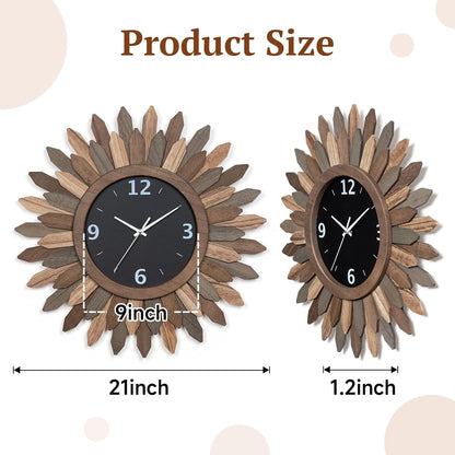 Honiway Large Wall Clock Battery Operated 21 in Rustic Wood Boho Sunburst Decorative Wall Clock