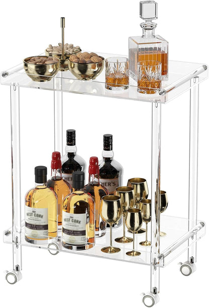 HMYHUM Acrylic Bar Cart, Rolling Serving Cart with 4 Lockable Wheels for The Home Bar, Kitchen