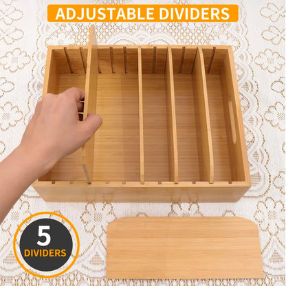 2 Pack Bamboo Lid Holder Food Container, Kitchen Organizer with 5 Adjustable Dividers, Cabinet