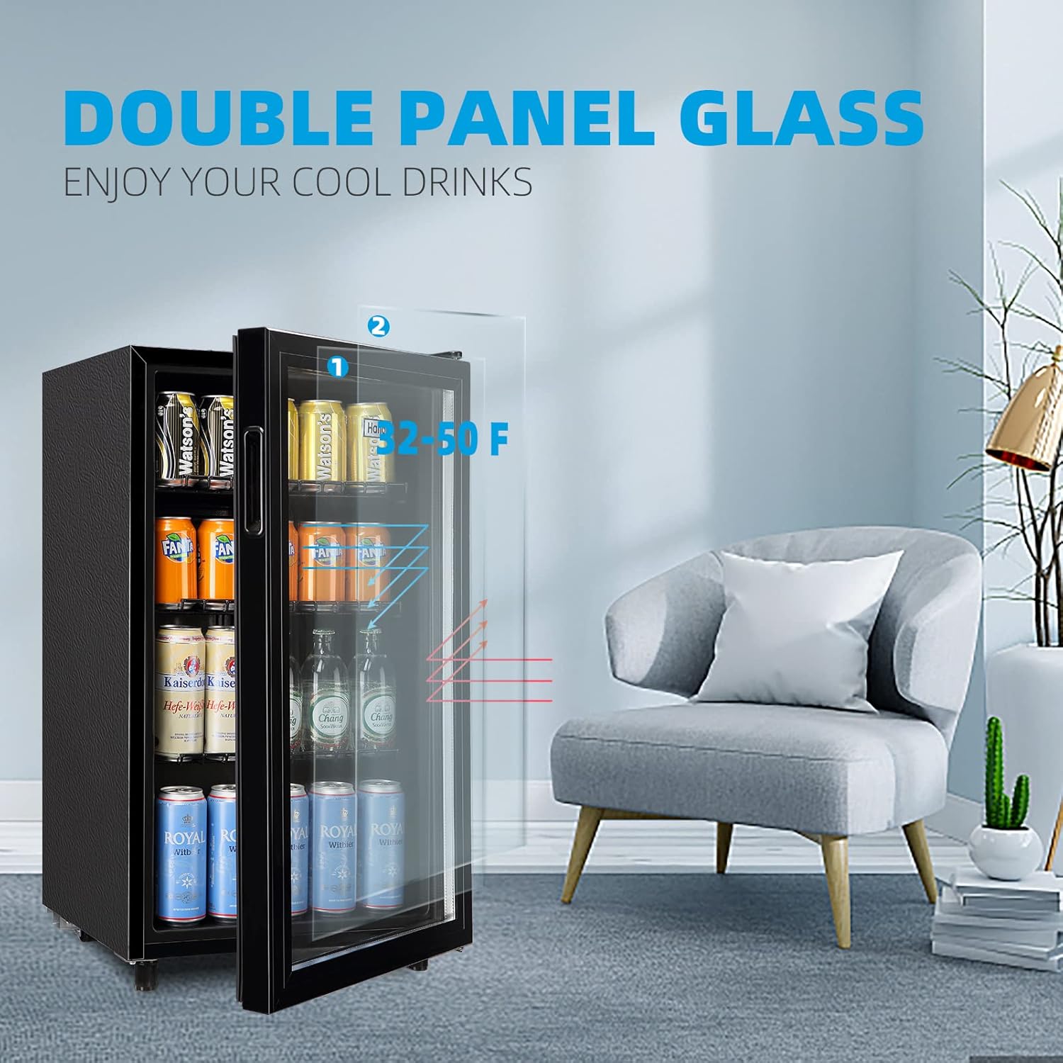 WANAI Mini Fridge Cooler 125Cans Beverage Refrigerator Glass Door Beverage Cooler for Beers Wine