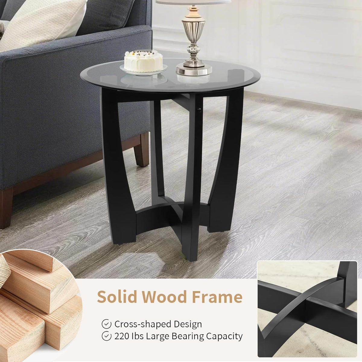 Glass End Table, 23.5" Round Side Tables with Black Tempered Glass Top Cross and Solid Wood Base