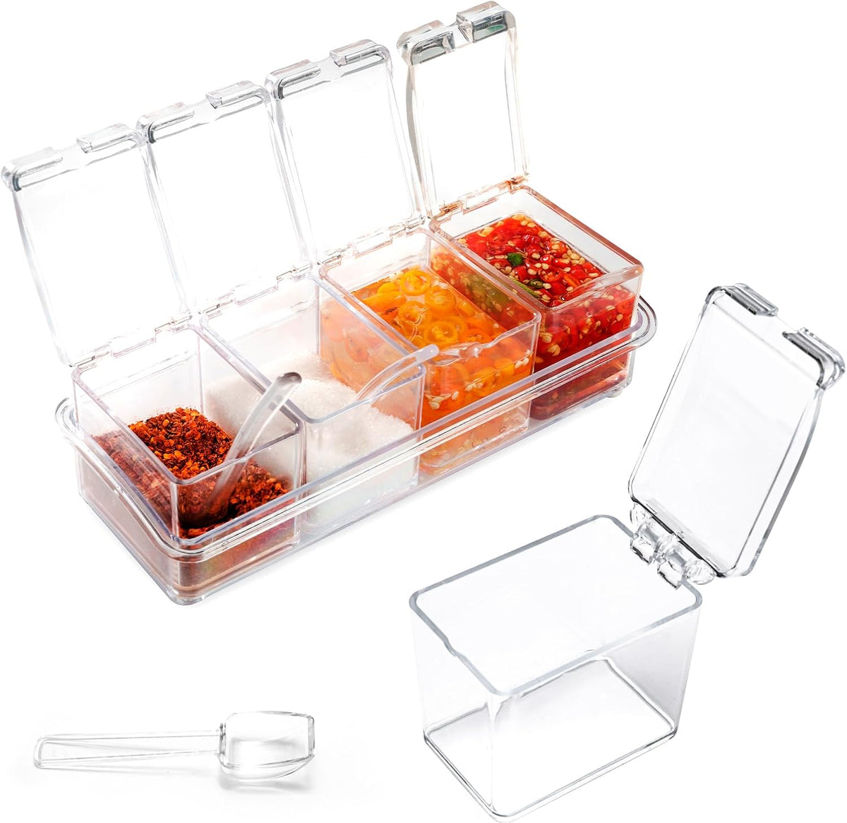 Clear Seasoning Box, 4 Piece Seasoning Rack Spice Pots, Plastic Storage Container Condiment Jars