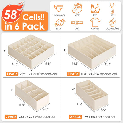 6 Pack Sock Underwear Drawer Organizer Dividers, 58 Cell Foldable Fabric Dresser Closet Organizers