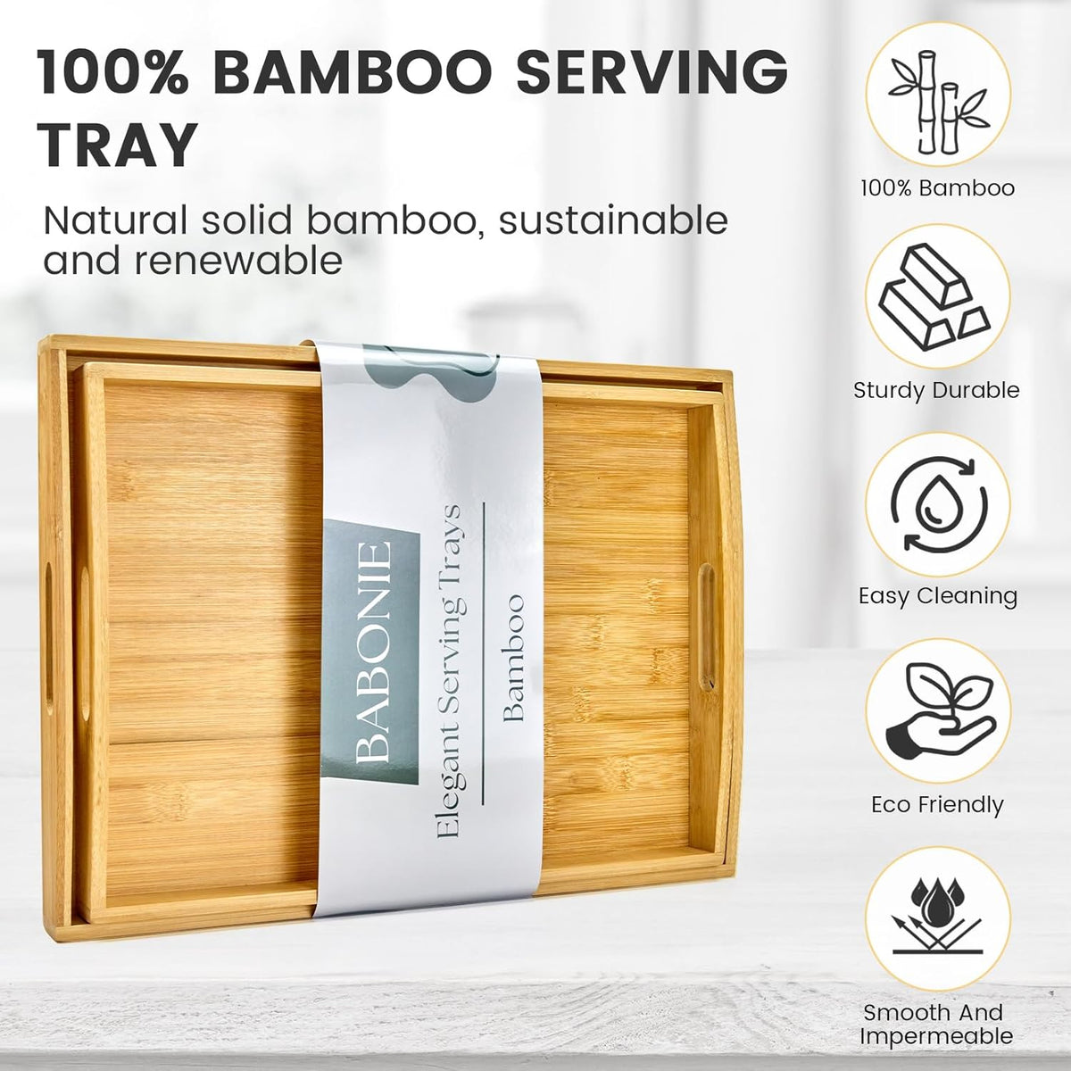 Bamboo Serving Tray with Handles Set of 2 - Decorative Wooden Trays for Eating, Working, and
