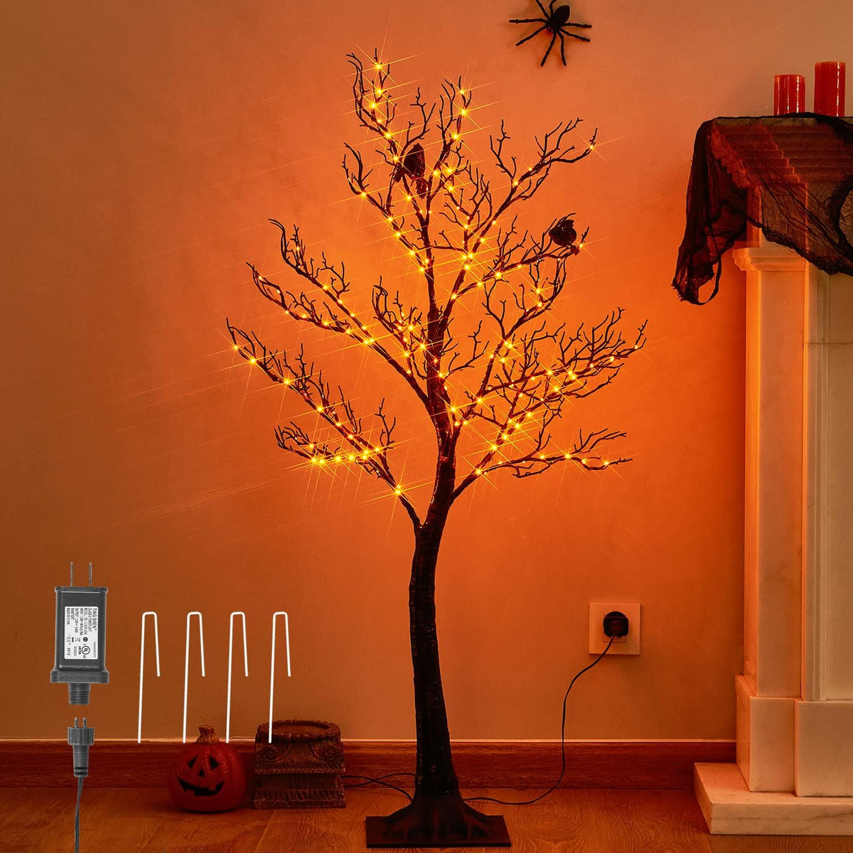 LITBLOOM Halloween Tree with Lights Plug in 4FT 150 Orange Fairy Lights, Lighted Black Spooky Tree
