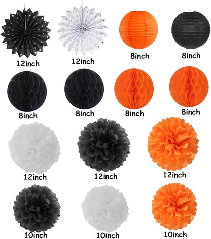 Black Orange White Halloween Party-Decorations - 14pc Kit Paper Lanterns Fan,Tissue Flower Pom Poms