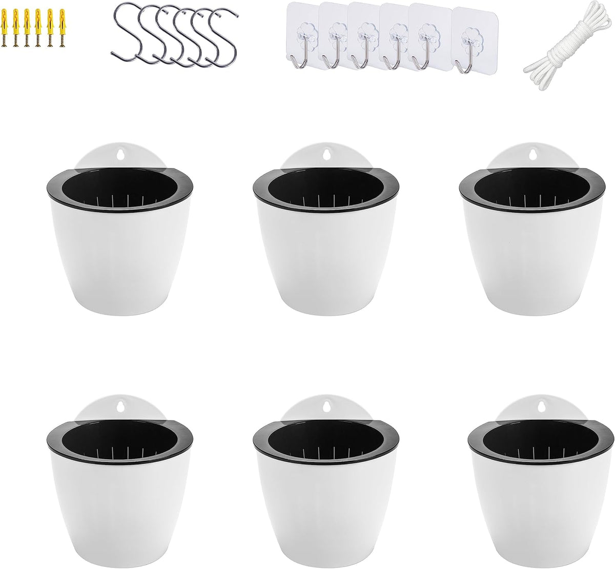 6 Pack White Hanging Planter Pots Self Watering Vertical Garden Wall Mount Window Hang Round