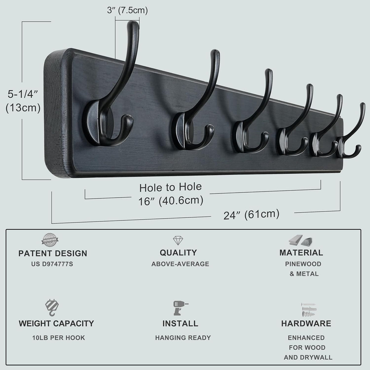 Dseap Wall Mounted Coat Rack: 24" Long, Patented, Heavy-Duty, 6-Double-Hooks Wooden Hanger Rail for