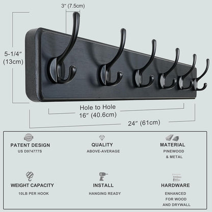 Dseap Wall Mounted Coat Rack: 24" Long, Patented, Heavy-Duty, 6-Double-Hooks Wooden Hanger Rail for