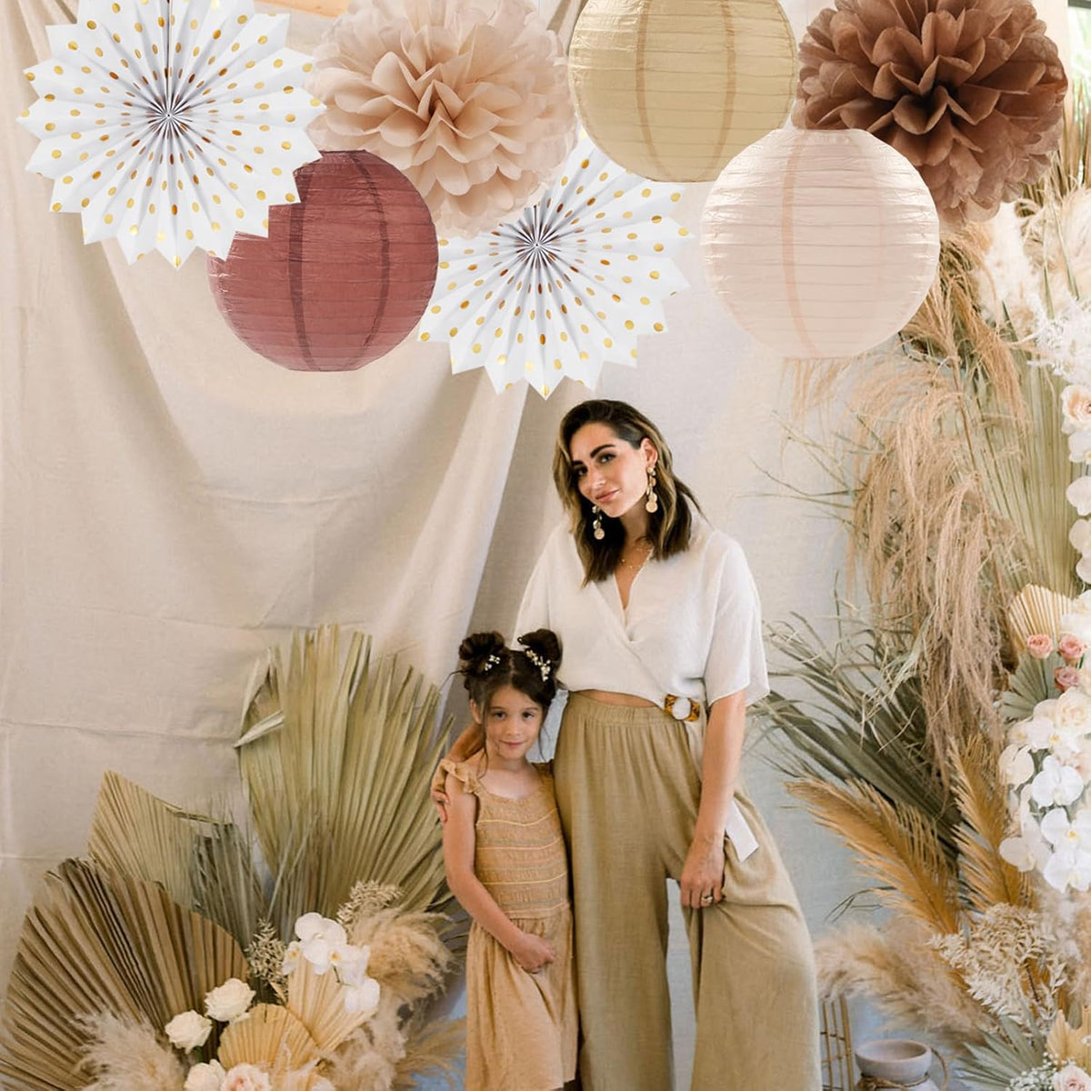 Boho Baby-Shower Party-Decorations Streamers-Lanterns - 14pcs White Brown Champagne Neutral