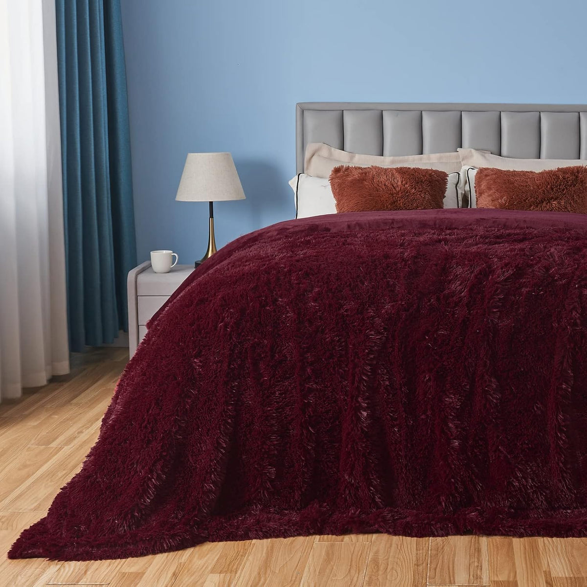 GONAAP Fuzzy Faux Fur Throw Blanket Queen Size Wine Red Super Soft Cozy Plush Fuzzy Shaggy Blanket