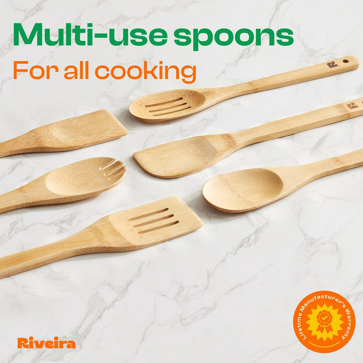 Riveira Bamboo Cooking Spoons 6-Piece – Wooden Cooking Utensils Set with Wooden Spoons for Cooking