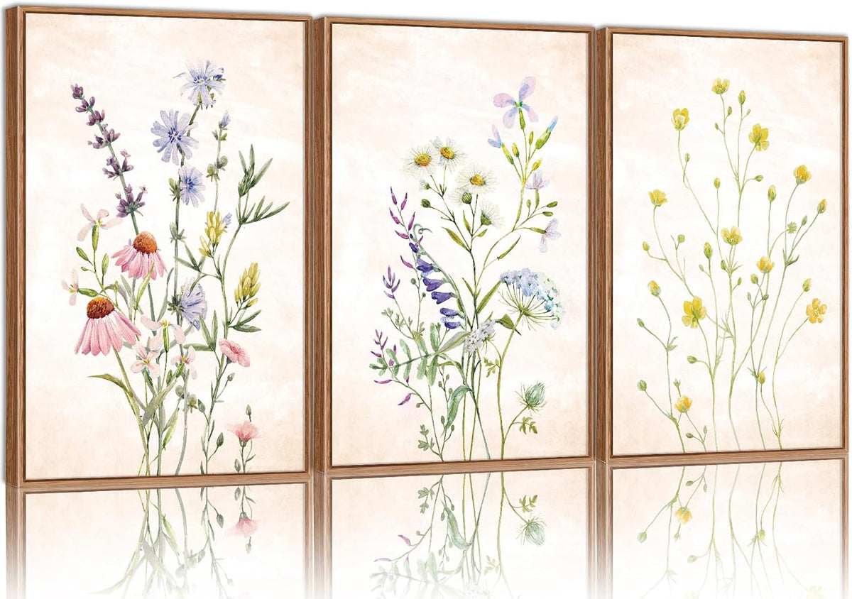 SIGNINART Watercolor Wildflower Framed Canvas Wall Art Set of 3, Boho Botanical Spring Floral Wall