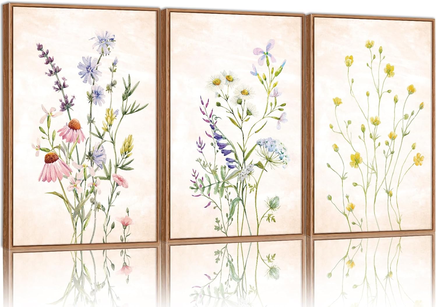 SIGNINART Watercolor Wildflower Framed Canvas Wall Art Set of 3, Boho Botanical Spring Floral Wall
