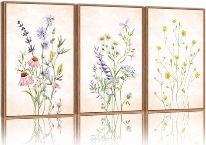 SIGNINART Watercolor Wildflower Framed Canvas Wall Art Set of 3, Boho Botanical Spring Floral Wall