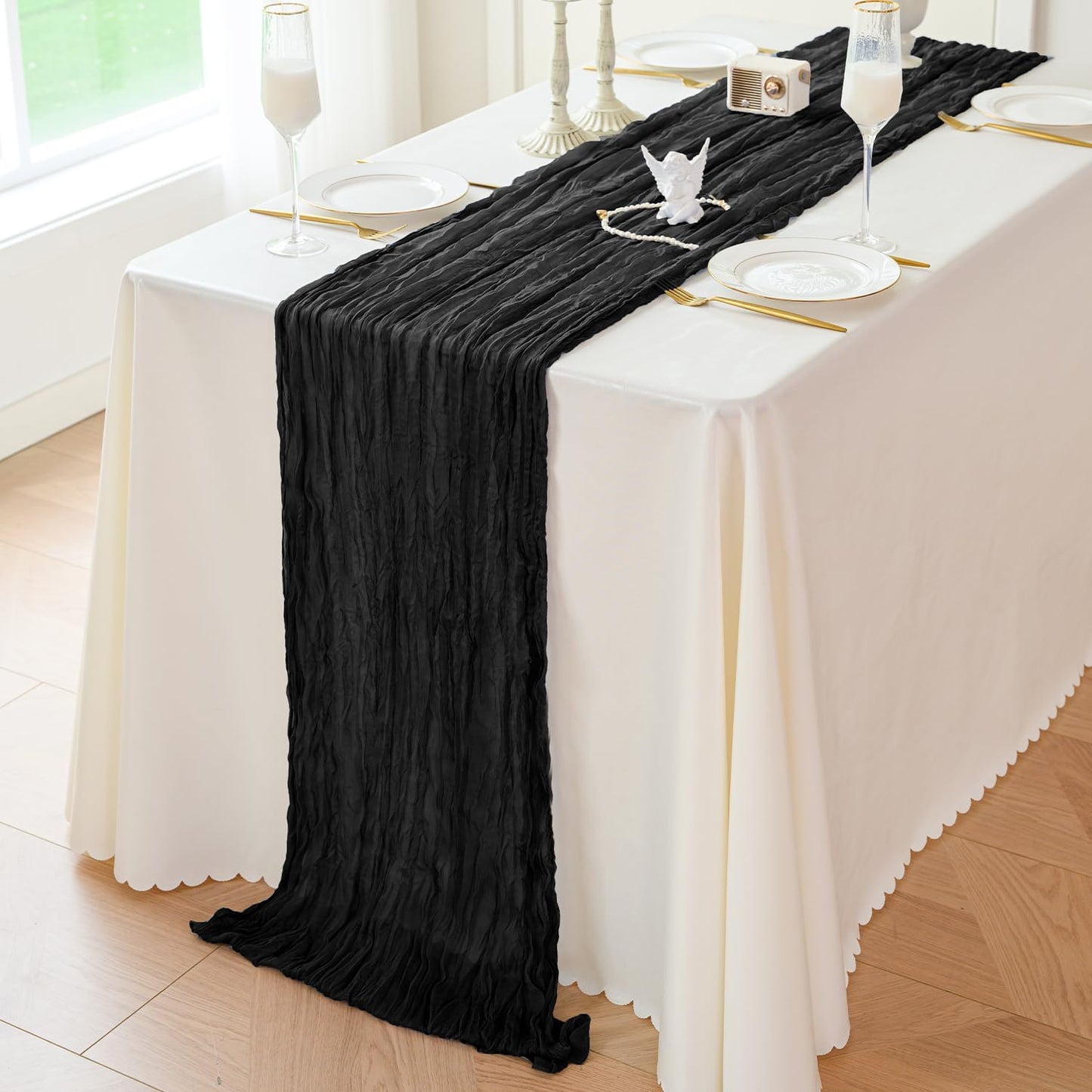 Sioloc Black Cheesecloth Table Runner Fall Autumn Decor for Home 10ft Table Cloth for Wedding