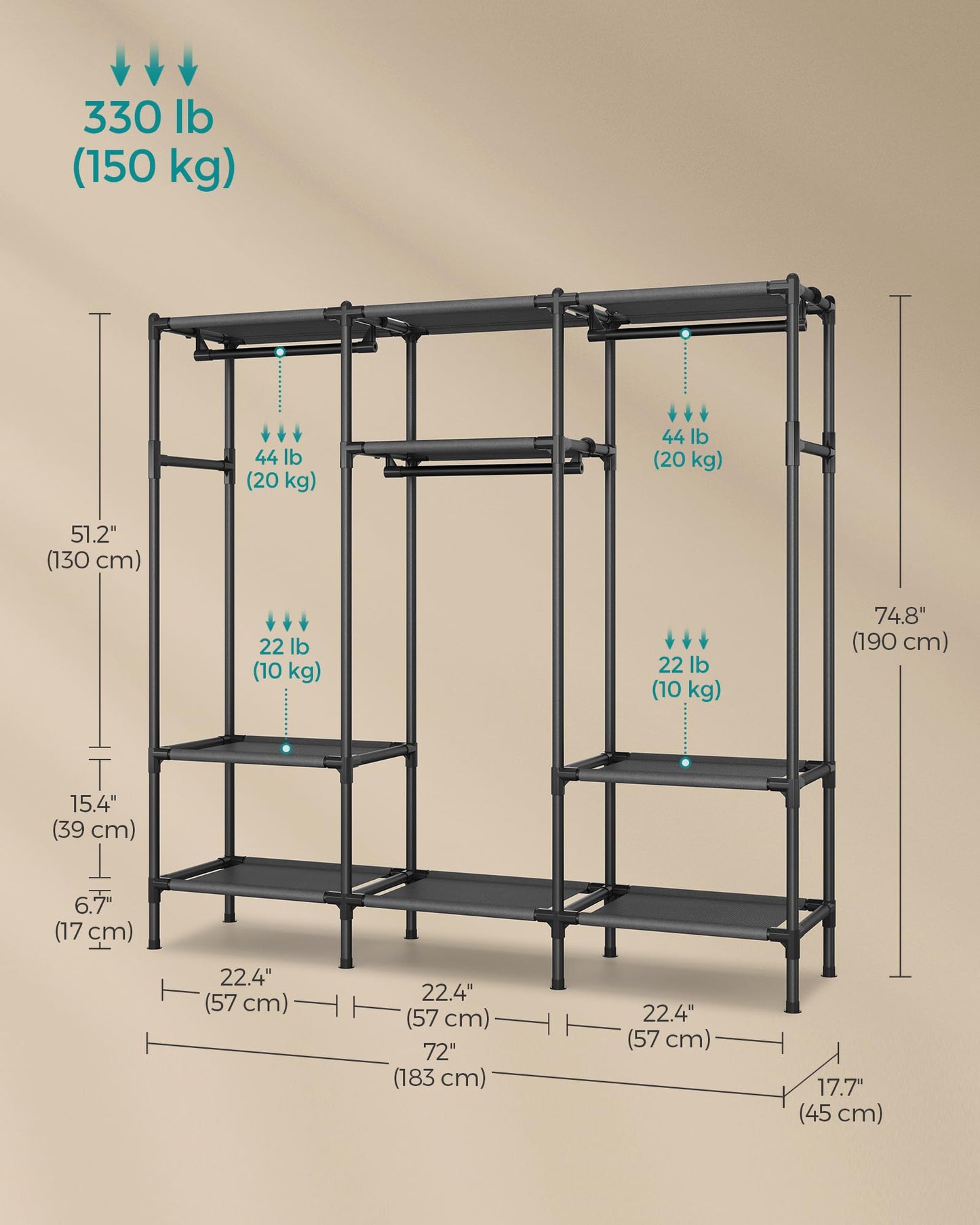 SONGMICS Clothes Rack,72 Inch Large Capacity Portable Closet, Heavy Duty Wardrobe Closet Organizer