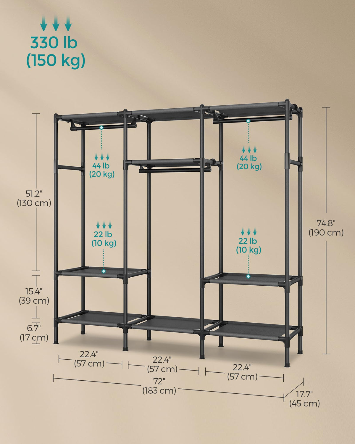 SONGMICS Clothes Rack,72 Inch Large Capacity Portable Closet, Heavy Duty Wardrobe Closet Organizer
