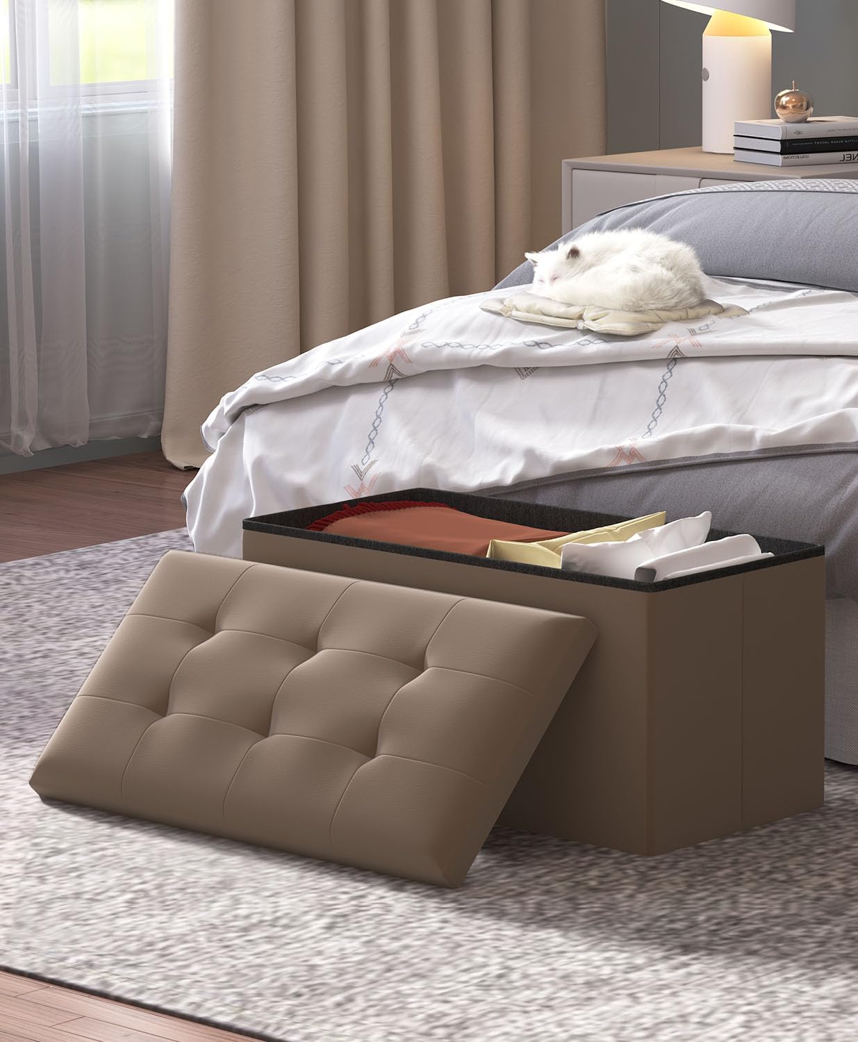 Storage Ottoman Bench, Folding Ottoman Foot Rest, 15 x 30 x 15 Inches, End of Bed Bench,Storage