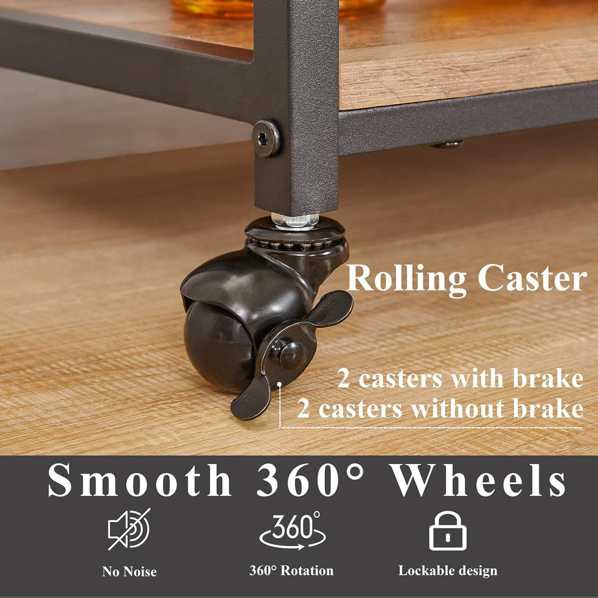 FATORRI Bar Cart for The Home, Rolling Wine Carts on Wheels with 3 Tier Wood Shelves, Liquor