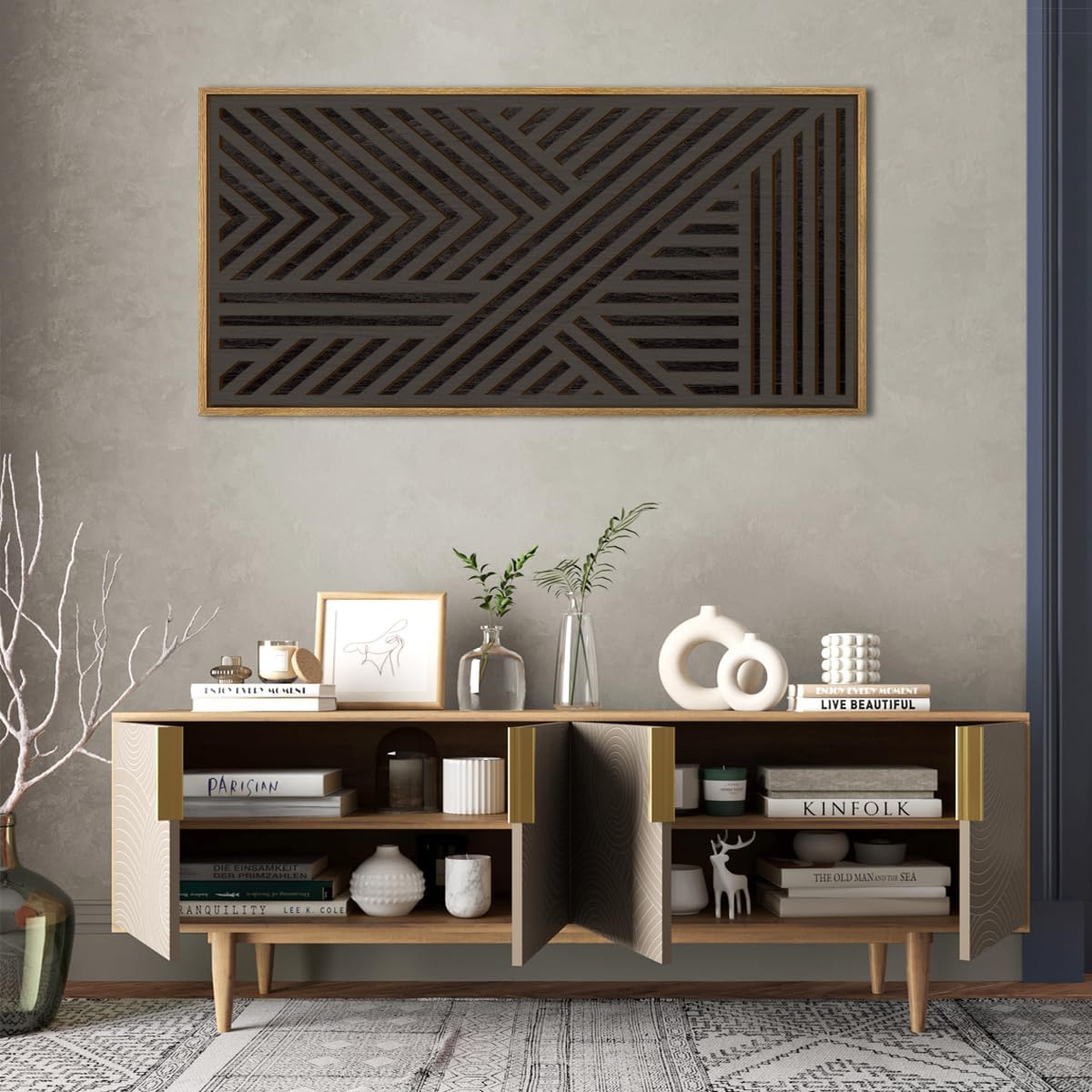 IARTTOP Large Black Framed Wood Wall Art for Living Room Abstract Modern Wooden Wall Decor Neutral
